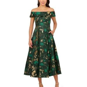 Adrianna Papell Elegant Green and Gold Floral Midi Dress